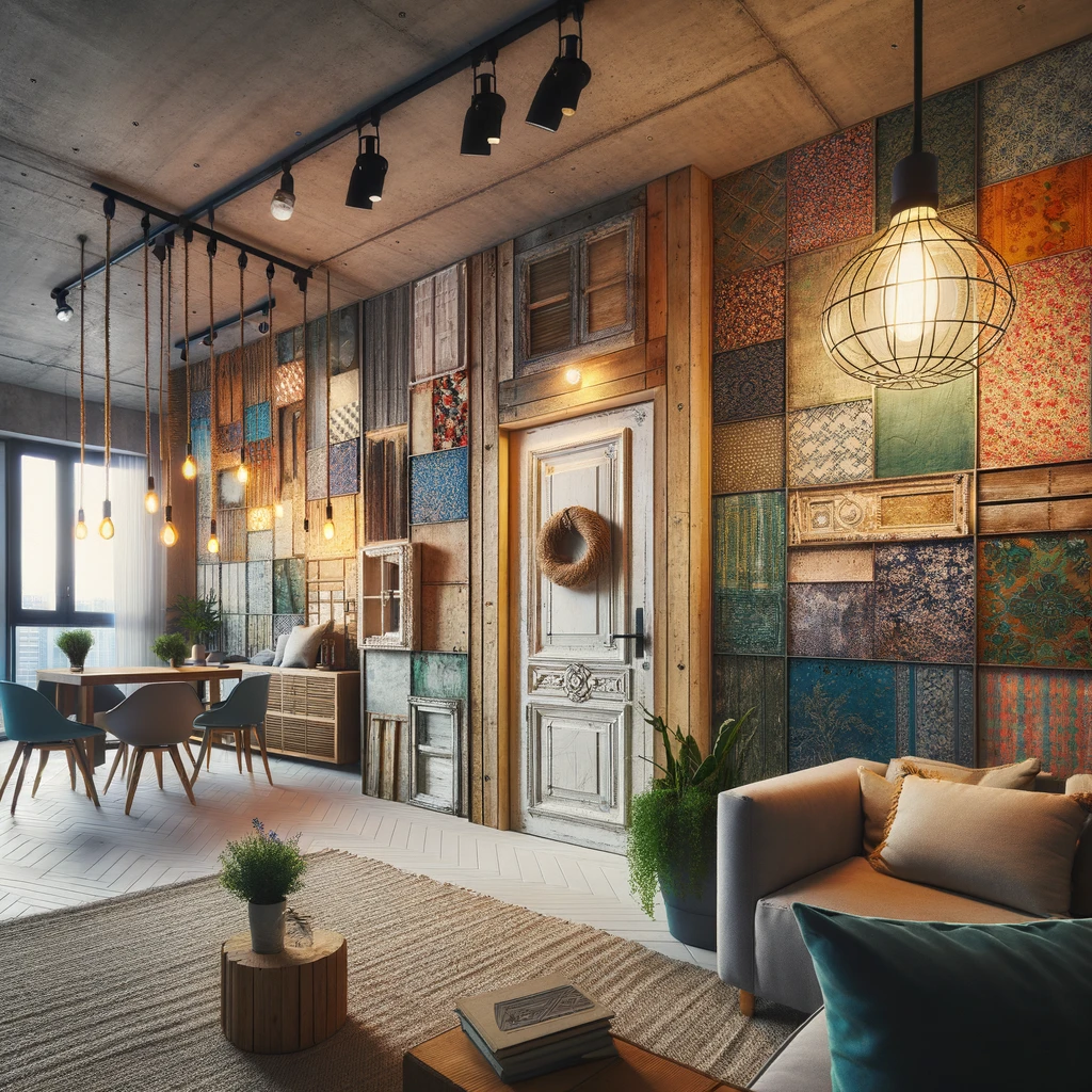 A chic, well lit modern condo living area transformed by the creative use of budget materials. One wall features an accent wall created with vibrant